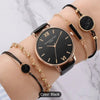 5pcs/set 1pc Women PU Leather Strap Round Quartz Watch + 4pcs Black Simple Casual Jewelry Set